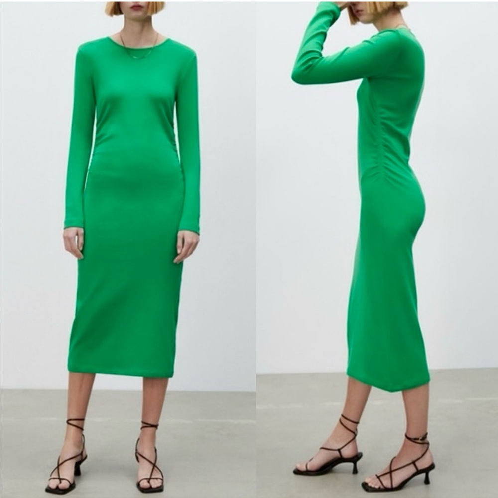 Zara Green Gathered Midi Dress - Picture 2 of 10